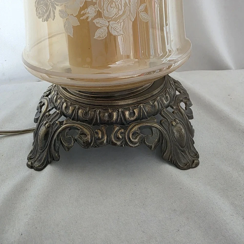 VTG Amber Marigold Luster Iridescent Glass Gone with The Wind Floral 3-Way Lamp
